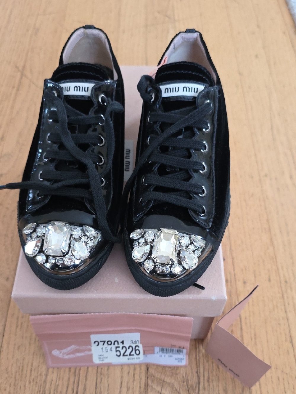 Miu Miu Black Crystal-Embellished Velvet Lace-Up Sneakers